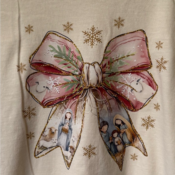 Christmas nativity manger, bow T-shirt on a comfort colors ivory tee - Picture 2 of 3